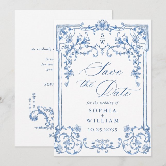 Save The Date Victorien Ornate Grace Floral Dusty Mariage bleu (Devant / Derrière)
