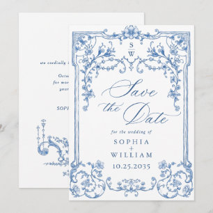 Save The Date Victorien Ornate Grace Floral Dusty Mariage bleu