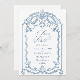 Save The Date Victorien Ornate Grace Floral Dusty Mariage bleu