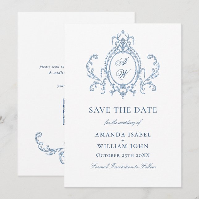 Save The Date Victorien Ornate Grace Floral Dusty Mariage bleu (Devant / Derrière)