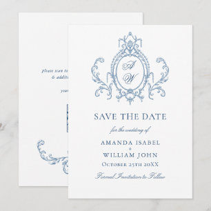 Save The Date Victorien Ornate Grace Floral Dusty Mariage bleu