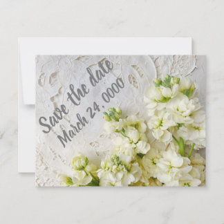 Save The Date Vieille dentelle avec fleurs blanches