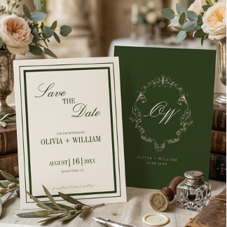 Save The Date Vieux Argent Olive Vert Élégant Monogramme Mariage
