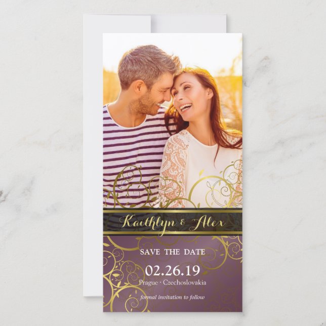 Save The Date Vignes spirales dorées Vigne violet élégante photo (Devant)