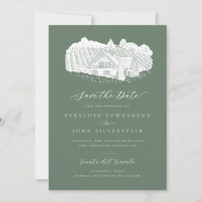 Save The Date Vignoble rustique Illustration Sage Mariage vert (Devant)