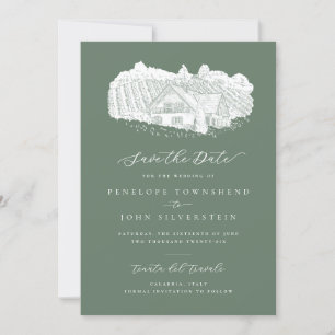 Save The Date Vignoble rustique Illustration Sage Mariage vert