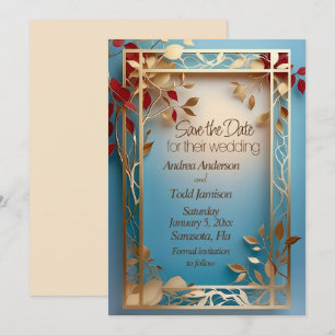 Save The Date Vin d'or rouge et or feuille mariage