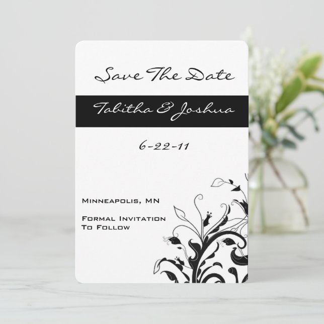 Save The Date Vins floraux noirs et blancs | Personnalisé (Debout devant)