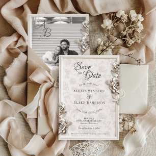 Save The Date Vintage Baroque Floral Monogramme Photo Mariage
