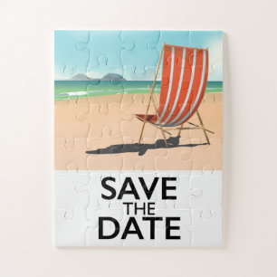 Save the Date vintage Beach Deckchair Jigsaw Puzzle