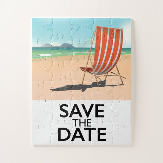 Save the Date vintage Beach Deckchair Jigsaw Puzzle (Vertical)