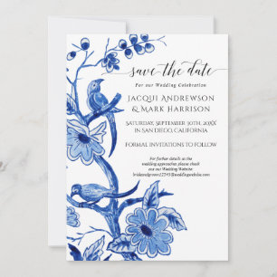 Save The Date Vintage bleu marine blanc chinoiserie florale