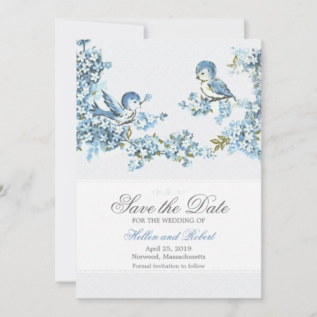 Save The Date Vintage Blue Birds Mariage d'hiver Enregistrer la  (Devant)