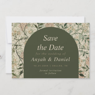 Save The Date Vintage Botanique Floral & Moss Green Boho Arch