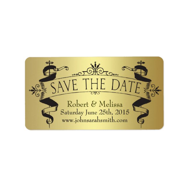 Save the Date Vintage Brushed Gold Announcement Label (Front)