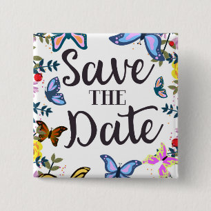 Save the Date Vintage Butterflies. 2 Inch Square Button