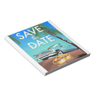 Save the Date vintage car and wedding rings. Notepad