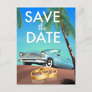 Save the Date vintage car and wedding rings. Postcard