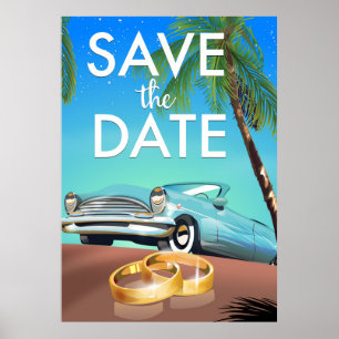 Save the Date vintage car and wedding rings. Poster