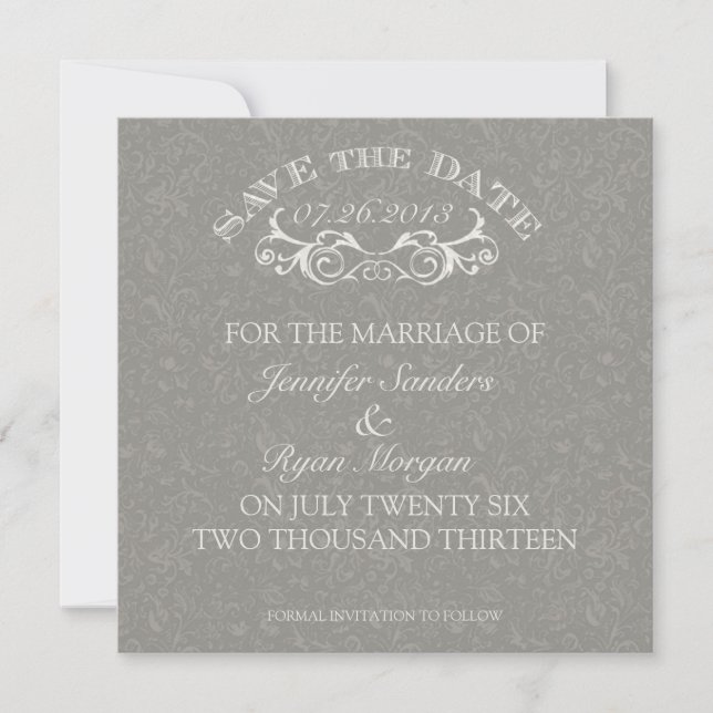 Save The Date Vintage Fleur tourbillon Monogramme Gris Enregistr (Devant)