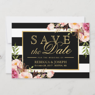 Save the Date - Vintage Floral Black White Stripes