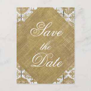 Save the Date Vintage Gold Damask and Wood Announcement Postcard