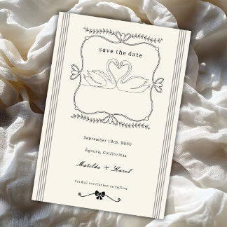 Save The Date Vintage Hand Drawn Swans Stripes Wedding