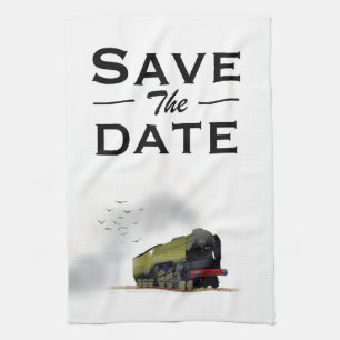 Save the Date vintage Locomotive invitation Kitchen Towel