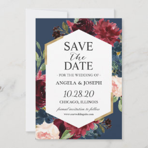 Save The Date Vintage moderne Burgundy Blush Blue Floral Mariage