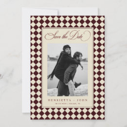 Save The Date Vintage Old Money Preppy Checkered 2 Photo Wedding