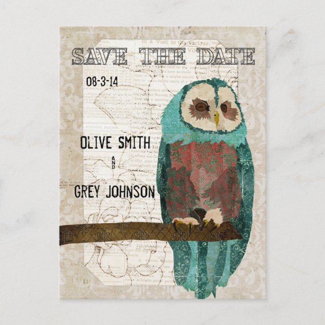 Save the Date Vintage Owl II  Postcard (Front)