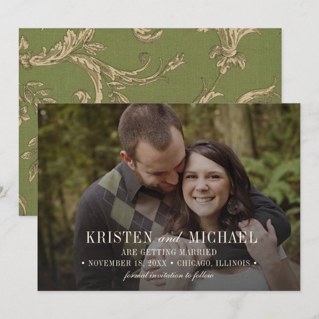 Save the Date. Vintage Pattern Wedding Photo Card (Front/Back)