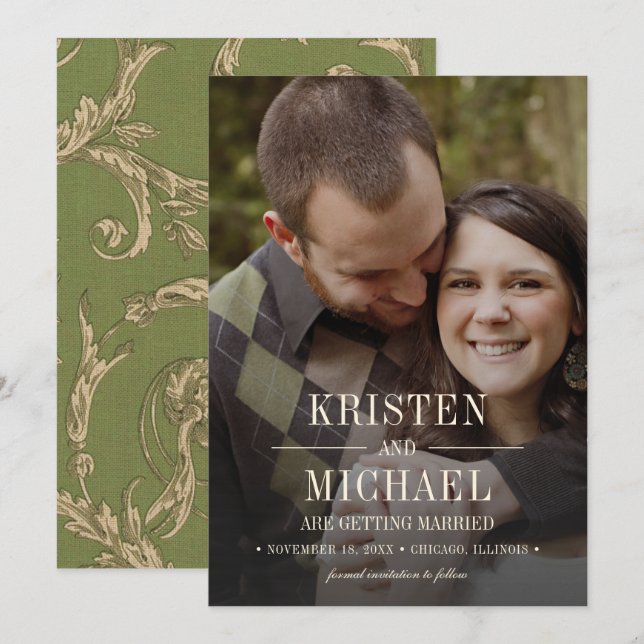 Save the Date. Vintage Pattern Wedding Photo Card (Front/Back)