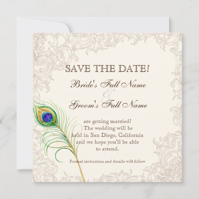 Save the Date - Vintage Peacock & Etchings (Front)