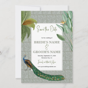 Save The Date Vintage Peacock Feather Tropical Greenery Mariage