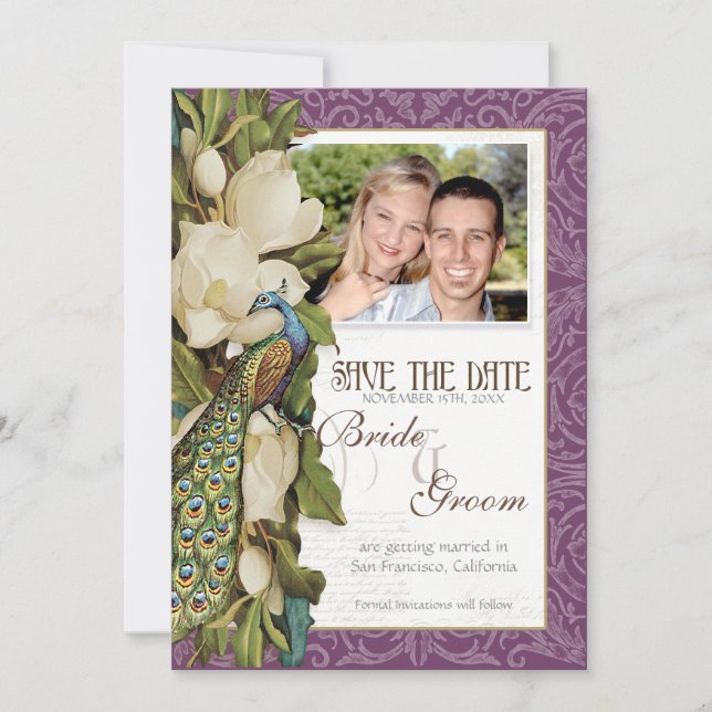 Save the Date - Vintage Peacock & Magnolia Swirls (Front)