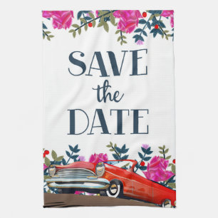 Save The Date Vintage Red Car Kitchen Towel