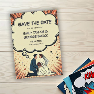 Save The Date Vintage Retro Bride & Groom Pop Art Comic Wedding