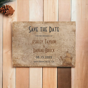 Save The Date Vintage Retro Old Map Ship Classic Mariage
