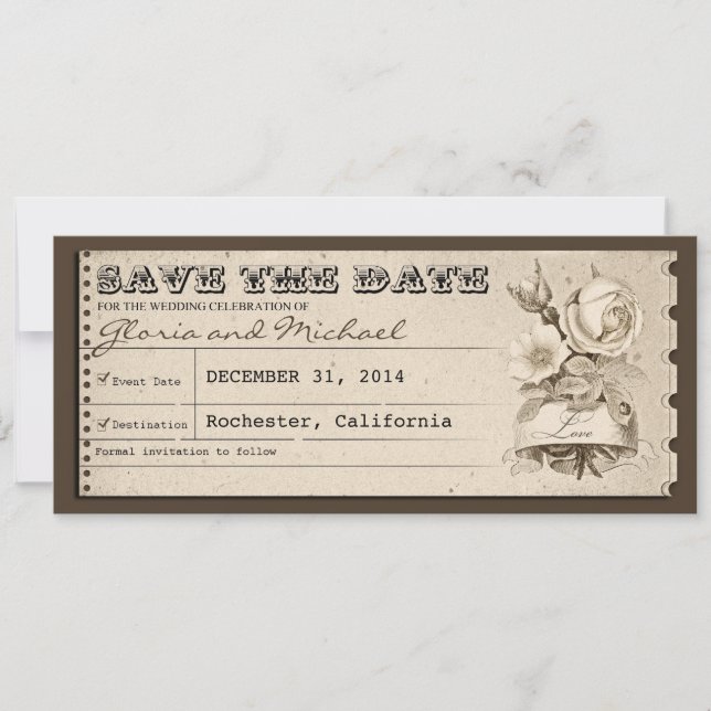 save the date vintage ticket invitations (Front)