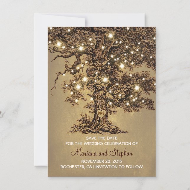 Save The Date Vintage Tree Lights Rustic Enregistrer La Date Inv (Devant)