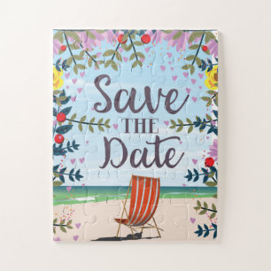 Save The Date Vintage Vintage Beach and Deckchair Jigsaw Puzzle