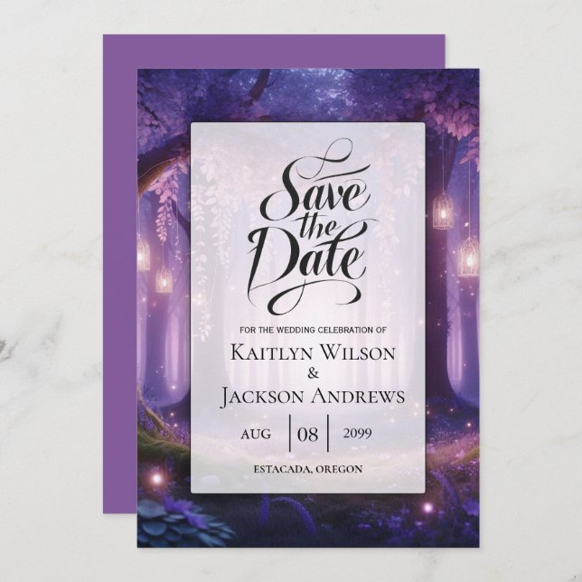 Save The Date Violet à minuit Mariage de forêt enchantée (Devant / Derrière)