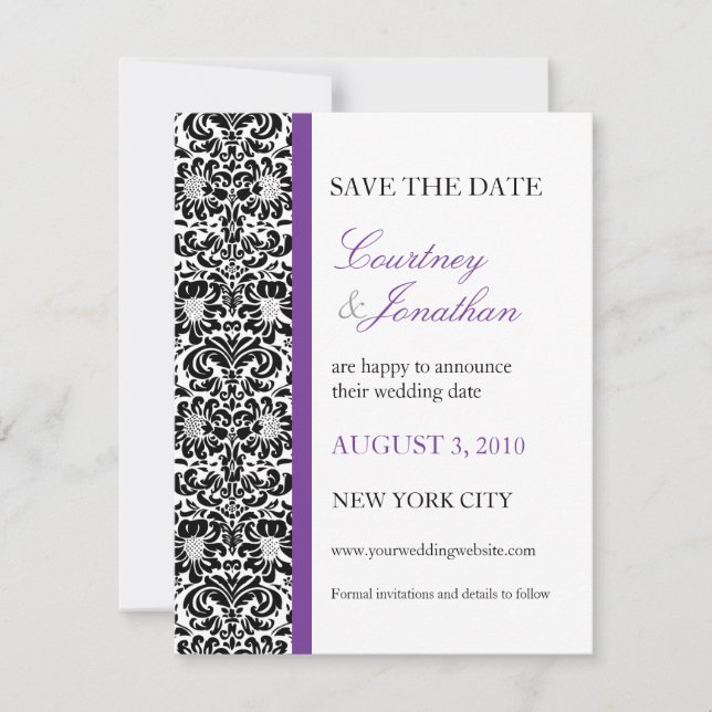 Save The Date Violet Accented Damask Enregistrer la date (Devant)