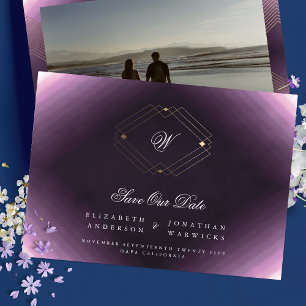 Save The Date violet blanc classique déco or monogramme photo