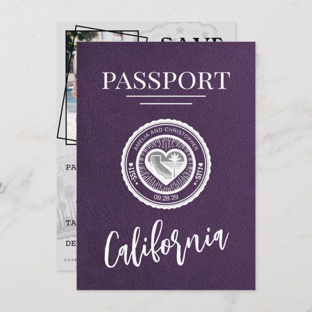 Save The Date Violet California Passport Enregistrer La Date (Devant / Derrière)