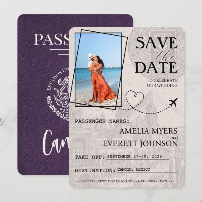 Save The Date Violet Cancun Passeport Enregistrer La Date (Devant / Derrière)