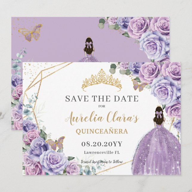 Save The Date Violet Lilac Floral Or Quinceanera Sweet sixteen (Devant / Derrière)