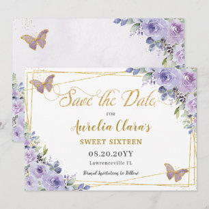 Save The Date Violet Lilac Floral Quinceañera Sweet sixteen