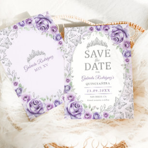 Save The Date Violet Pourpre Argent Floral Quinceanera